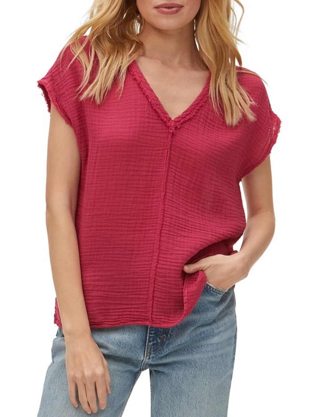 Michael Stars Red Gauze Top XS V-Neck Flowy Boho Lightweight Coral Red